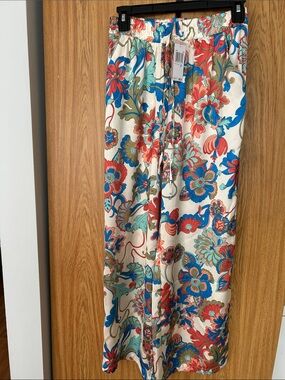 Philosophy Floral Satin Pants in Cream, Coral & Turquoise Blue